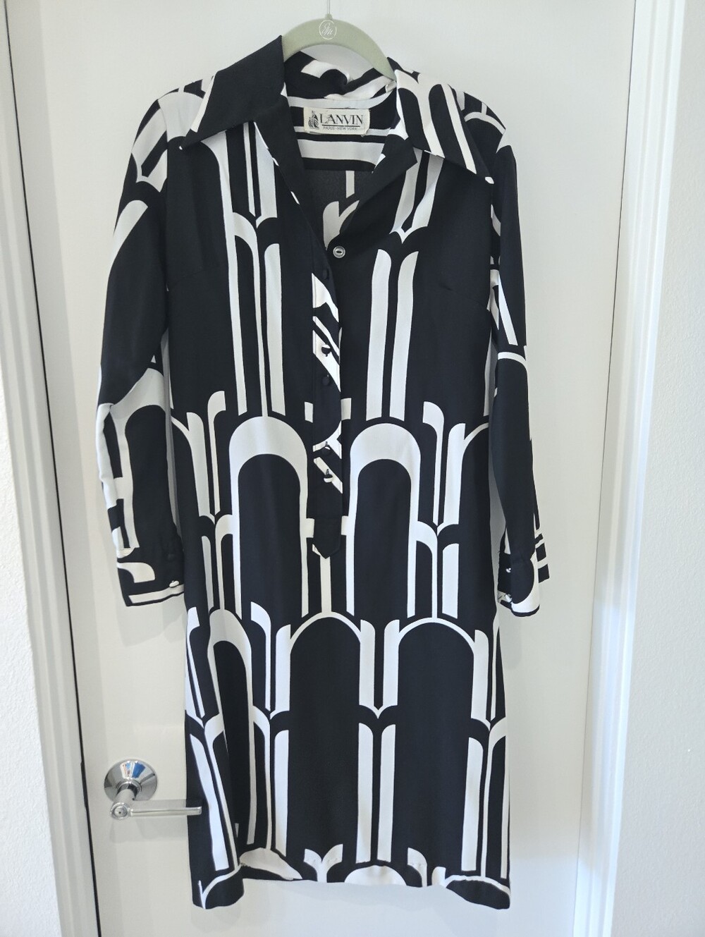 Lanvin Black and White Vintage Geometric Long-Sleeve Shirt Dress